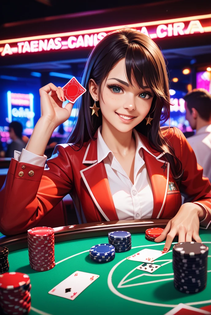 happy and smile, {{indonesian girl}}, {wearing high school uniform}, teasing and waiting customer play, standing, playing in casino, red casino background, polite and kind, Sweet Face, roulette table, poker table, big slot machines right and left, win jackpot, {{no headwear, no hat}}, private casino, crowded gambling area in background, so crowded, so many people, las vegas, american,