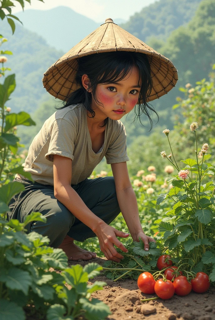 In a dense bamboo forest, a little boy carrying a bamboo basket is harvesting bamboo shoots. (best quality, 4k, highres, masterpiece:1.2), ultra-detailed, (realistic, photorealistic, photo-realistic:1.37), HDR, UHD, studio lighting, ultra-fine painting, sharp focus, physically-based rendering, extreme detail description, professional, vivid colors, bokeh, portraits, landscape, nature, traditional art style, vibrant color palette, warm lighting.