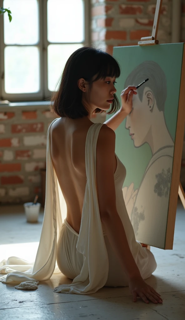 Japanese impressionism oil painting, flat color, 2women, mom and girl, naked, semi short straight black hair, standing in the atelier, in front of the canvas, from behind