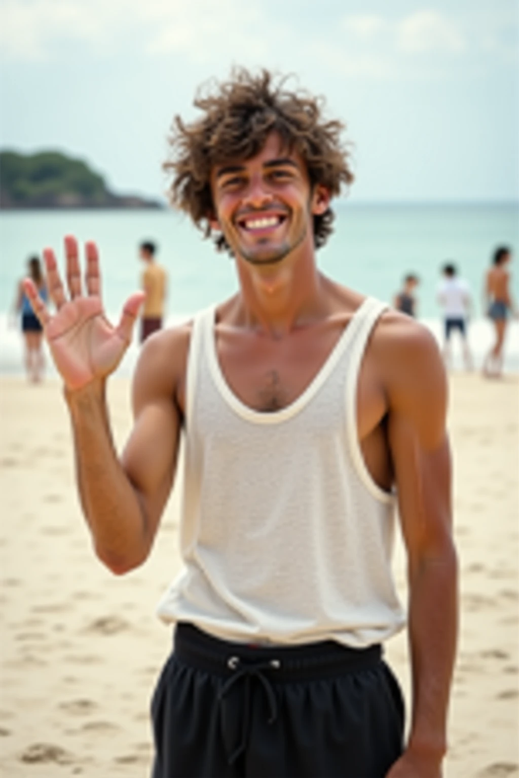 photorealistic, best quality, masterpiece, extremely detailed, sexy, homoerotic, extremely handsome, 20 year old samoan man, smiling, holding out both hands towards camera, walking on the beach, extremely romantic atmosphere, perfect face, perfect fingers, perfect hands, perfection