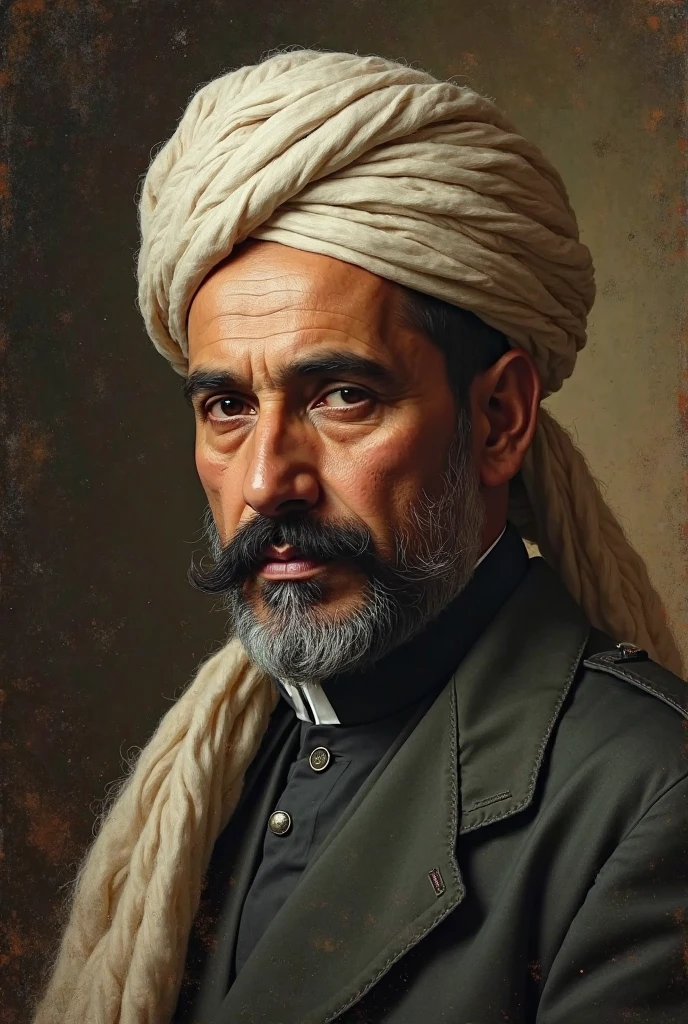 a man with a blue and white turban, intense gaze, beard, realistic art style, detailed facial features, dramatic lighting, cinematic composition, high quality, photorealistic, sharp focus, rich colors, dramatic shadows, digital painting, portrait