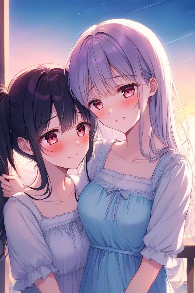 Masterpiece ,Top image quality,hight resolution,imagem 4k,Raw photo,Photorealsitic,extremely beautiful 2 hi-school girl kissing each other, friends, naughty face, blushing , extremely beautiful lesbian deep kiss, stare each other closely, white high Sox, white garter belt,  exposures breasts and nipples, perfect small breasts, topless, See-through panties, red cheek, deep blue eyes color , top less , colorful hair, beautiful butt