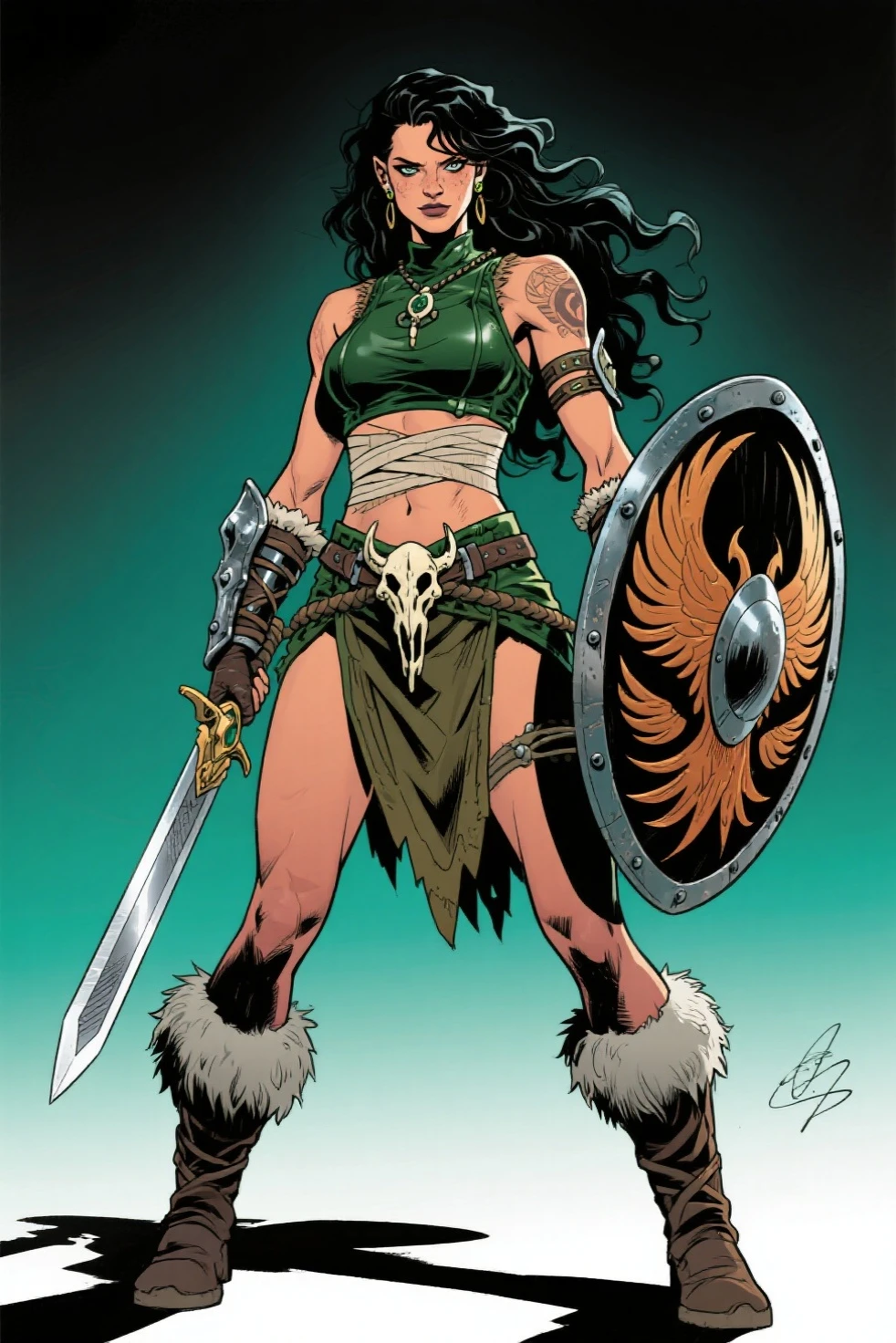 One barbarian girl, Beautiful bbw girl, chubby girl, warrior girl, battle helmet on head, steel helmet, whole body, naked body, perfect skin, battle axe in hand, forest background, dark fantasy, luis royo style, sci-fi, 80s, 16 bit game, VHS era, psychodelic color background, smog, fog, swamp, girl in swamp