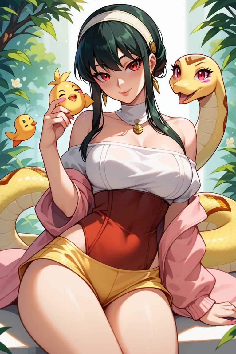 masterpiece, best quality, 1girl, <lora:spgbfDanua:1> danuasu, horns, horn ornament, jewelry, necklace, crescent, white bikini, cleavage, innertube, bandaged arm, bird, chick, floral background, flower, full body, red flower, white background