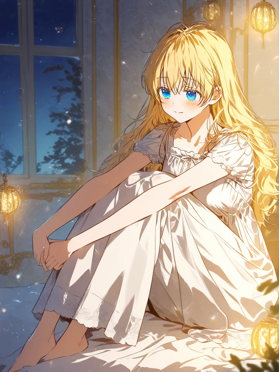 Full shot focused on blonde, cinematic, golden lighting, night time, Beautiful and atmospheric, high contrast, (masterpiece, best quality:1.2), atmospheric details, (solo focus), (depth of field:1.2), absurdres, highres, soft lighting, soft shadows, manhwa modern bedroom background, sitting by window, {1girl, blonde girl, modest , cute girl, messy bangs, jewel blue eyes, soft blush, stretching, cute smile, sitting on bed, white cute nightgown}