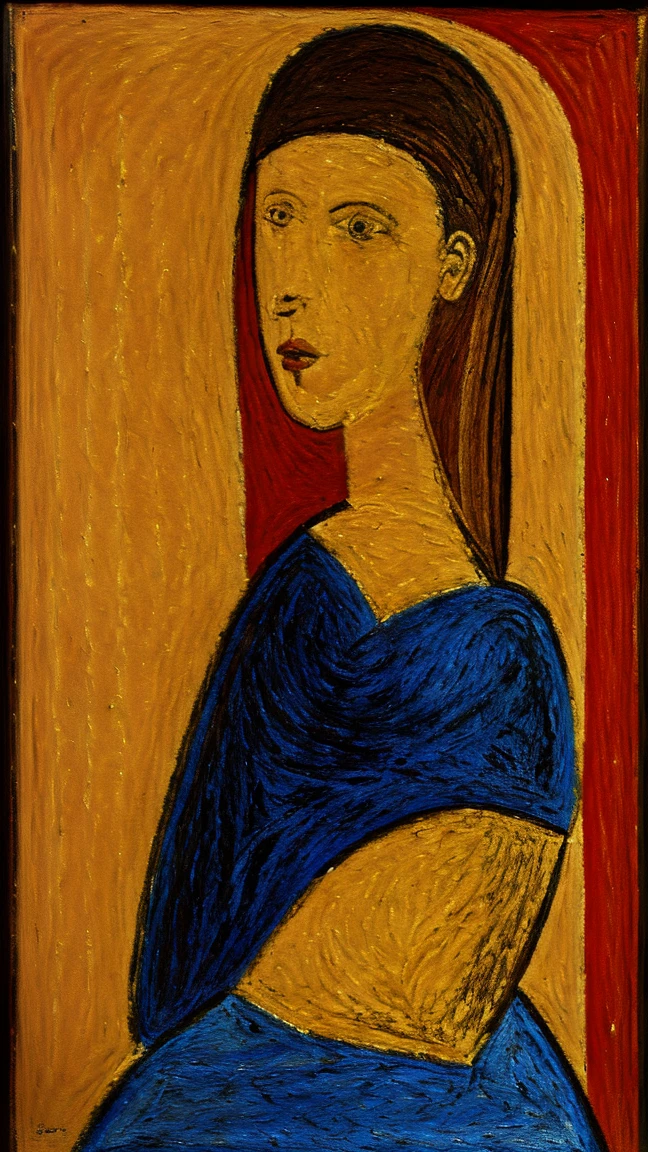 Oil on canvas image of a woman drawn in the art-deco style of the 1920s-1930s in France in a cubist setting.