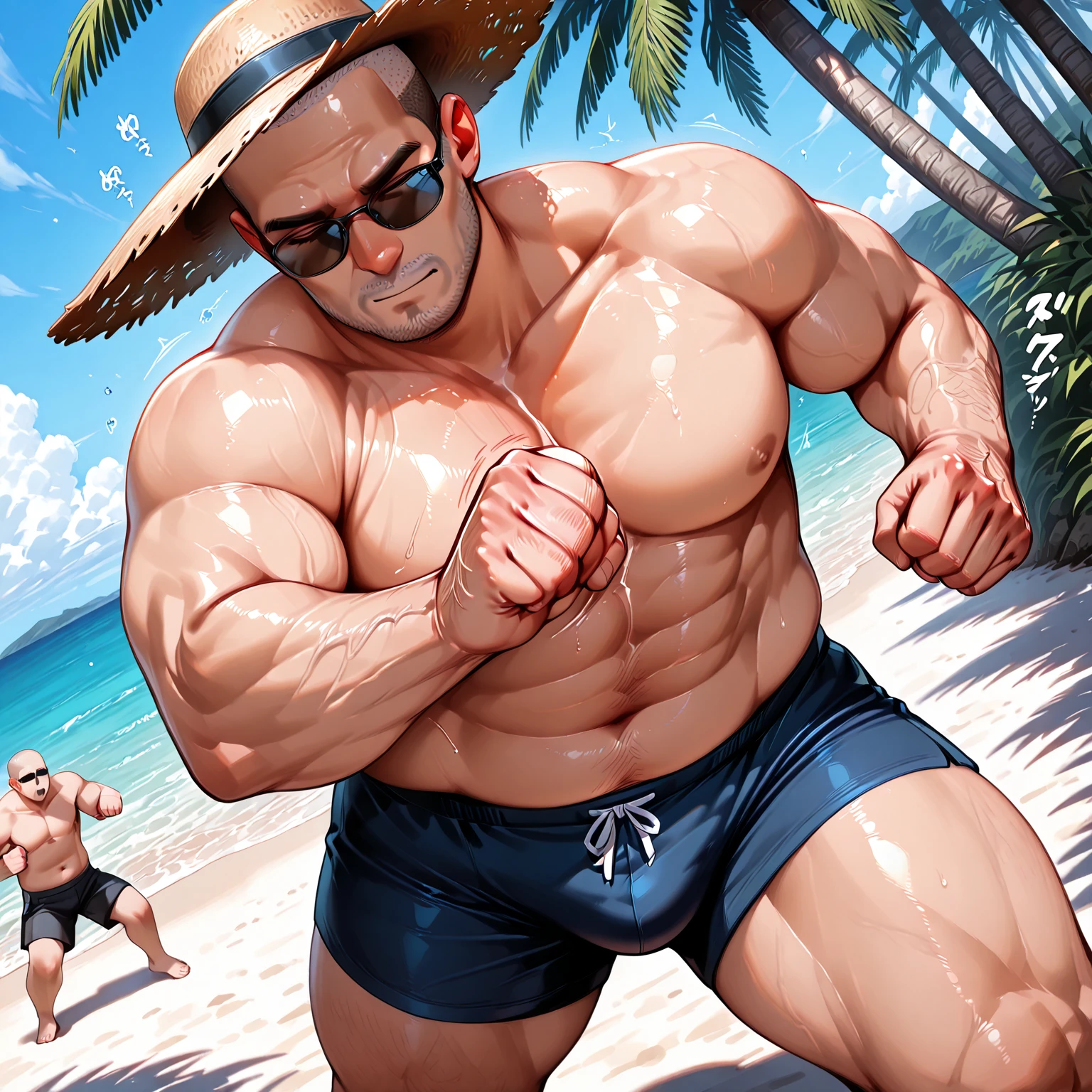 There is only one handsome Asian actor in the photo,35 years old,High target, Fitness,short hair, O-Shaped Beard,Perfect body, Dark skin color,Radiant Skin,Smooth skin,Shiny, shiny skin,Smooth pectoral muscles,No chest hair,No body hair,Muscle bulge, muscular, Very large pectoral muscles,Very sexy abdominal muscles,Very well-developed leg muscles,Huge concave and convex area,Brightens oily skin,Wearing a shiny gold leather thong,Handsome face,Wear shiny gold leather socks,Correct and accurate male body proportions, standing under the sea,There are colorful corals around。