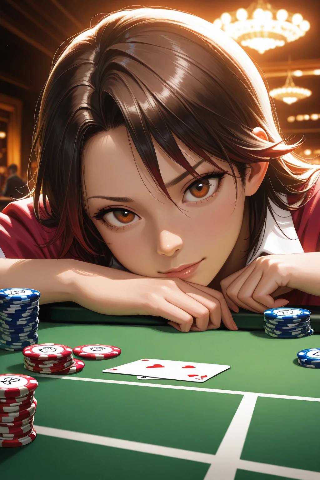 Anime-style illustration,Alafed woman sitting at table holding poker chips,Without changing the pose,Without changing clothes,