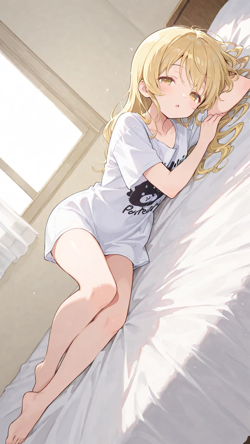 (superflat, flat shading, flat colors:1.1), 1girl, petite, loli, slim, small breast, bottom, messy blonde hair, white t-shirt, (white panties), from behind, (white socks), lying on bed, sleeping, bedroom, bright sunlight, warm, best shadows, watercolor,