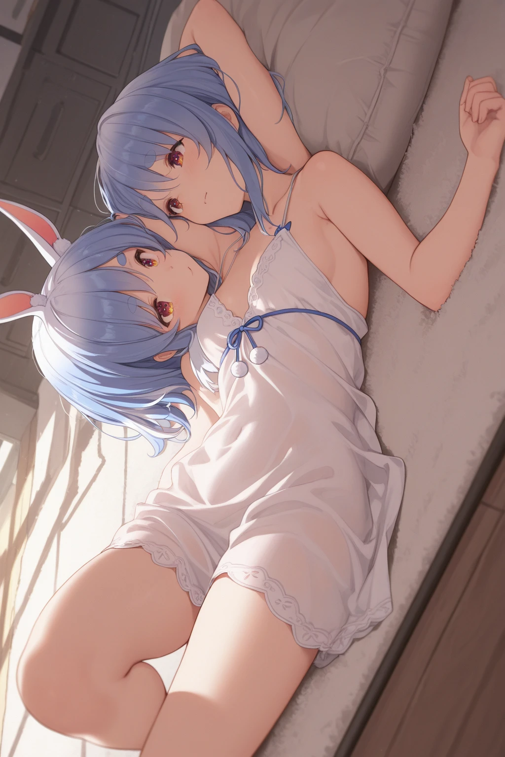 Realistic,Highest quality, Ultra Detail, High-quality CG rendering, The most delicate and beautiful, Floating softly, High resolution, (1 girl), (Highest quality,4K,8K,masterpiece:1.2) ,Light purple hair,Rabbit,(Bunny ears:1.5),(ponytail:1.5),Red eyes,(Completely naked:1.5),room,Upper Body,Collapsed in bed,Defeated,,(Slightly larger breasts:1.5),Sleep,Are sleeping,Eyes closed,Open your mouth a little,Prone,(Turn your back to your audience:1.3),Ass,(背中にウサギのAss尾:1.5)
