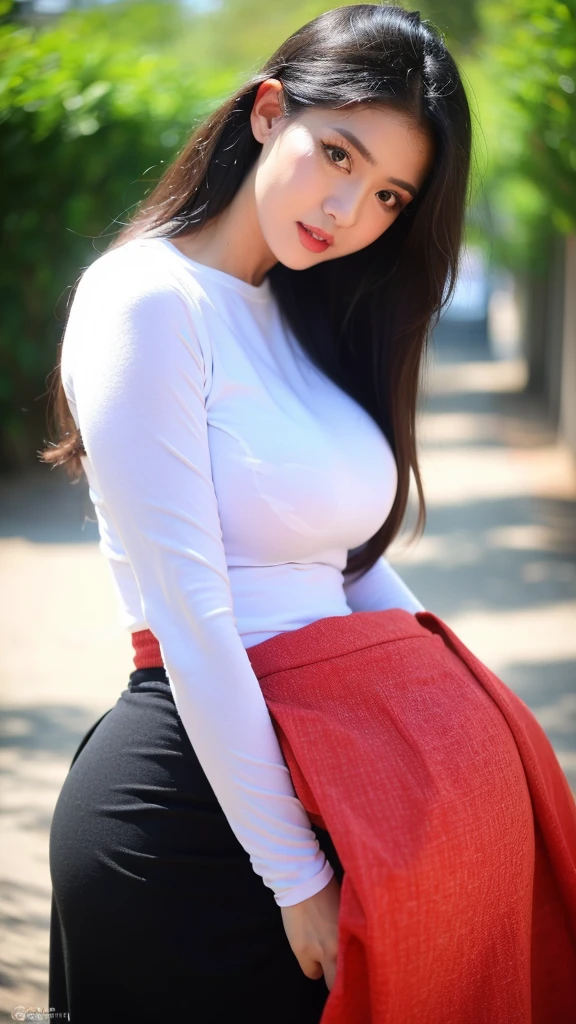 (8k, raw photos, realistic: 1.25), (Lip Balm, eyelash, shiny face, Shiny skin, best quality, Ultra high resolution, depth of field, Chromatic aberration, Moisturized lips, A specially trimmed face, Sparkling detailed eyes, black hair, semi-long, 1 woman, Wearing a shirt, red shirt, long-sleeved shirt, Wear a long skirt., red long skirt acm, printed skirt), (big breasts, Big breast , eye-catching breasts, big tits), outdoor, sunlight.