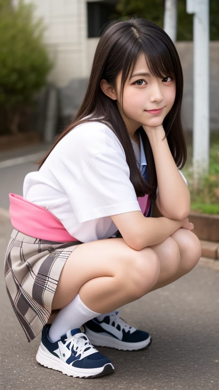 (Realistic, photo Realistic:1.2), ((Highest quality)), moving her center of gravity back, Quite embarrassing, White panties, (Showing panties:1.4),Tight Skirt, (Under the skirt:1.3), (Lift up your skirt:1.3), (squat:1.4), Put your heels on the ground, Spread your legs a little, 膝を上げてsquat, Put your butt on the ground, black penny loafers, Beautiful face details, Real human skin, Gentle expression, Front view, angle From below, Realistic, photoRealistic, cute, Short skirt, squat deep on school grounds, cute school girl, Japanese school girl uniform, Ballet Dress, whole body,Smile, Natural smile, Charming smile, Captivating smile, (View your viewers:1.2), from the front, From below,