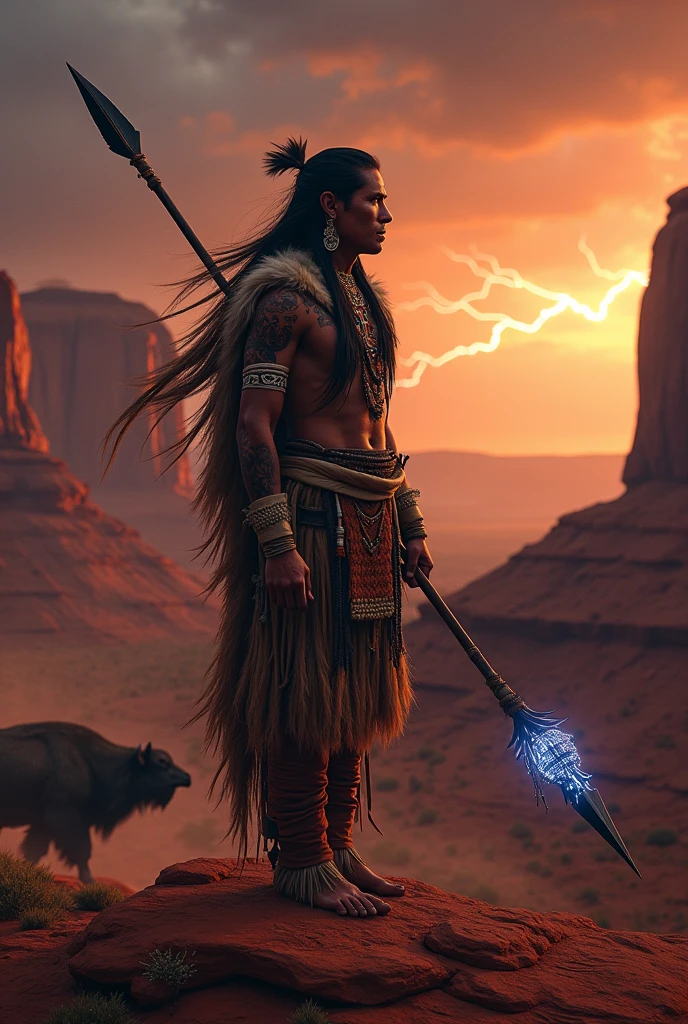 Strong Indian with a large headdress on his head holding a white arrow-shaped spear descending from the sky under the light of the planets of the universe
