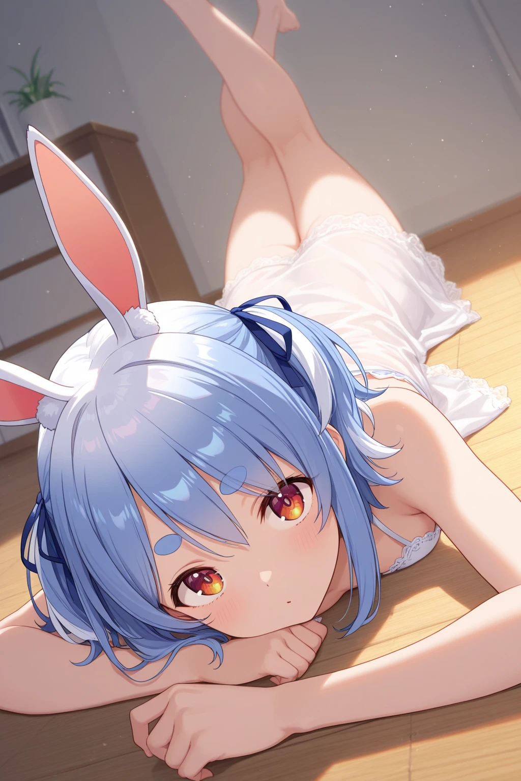 a close up of a lop ears rabbit lying down , 1girl, animal ears, solo, thighhighs, breasts, tail, hair ornament, shoulder cutout, :3, ahoge, v, (score_9,score_8_up,score_7_up), ncaaoo33,  cute girl ,lop rabbit ears,medium hair,blue cute girl ,lop rabbit ears,blue hair,ahoge ,straight_hair ,crossed_bangs,blue eyes ,nude,on the bed,outside,cum