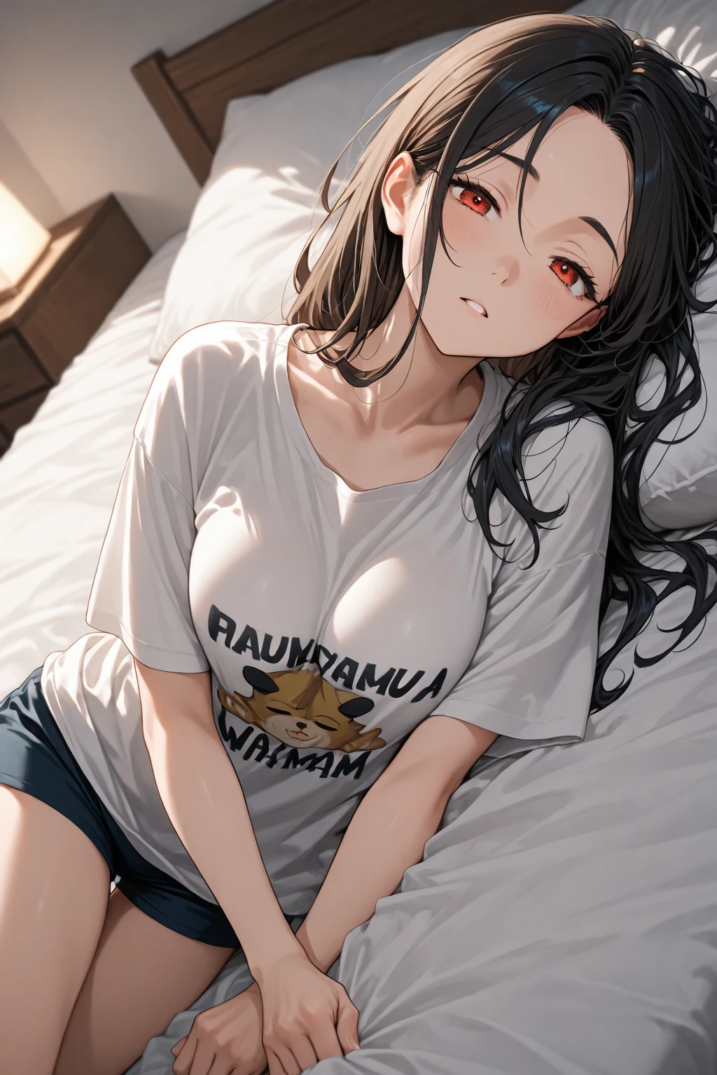 asura art style, score_9, score_8_up, score_7_up, score_6_up, uncensored, michiko tanaka, long hair, black hair, hair ornament, forehead mark, yellow eyes, BREAK (masterpiece:1.2), best quality, high resolution, (detailed eyes:1.3), perfect lighting, (perfect hands, perfect anatomy), medium breasts, thighhighs, shirt, on_back, lying, pillow, solo, looking_at_viewer, clothes_writing, white_shirt, breasts, highleg, mole, hand_on_own_chest, black_legwear, short_sleeves, covered_navel, t-shirt, on_bed, excessive pubic hair peek,