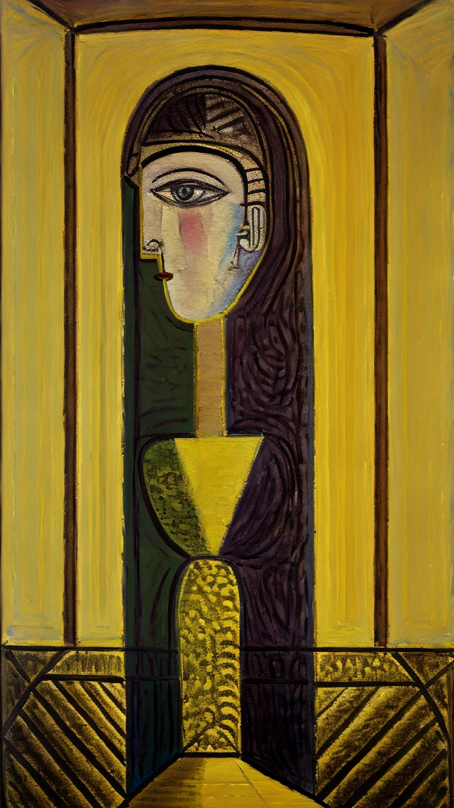 Oil on canvas image of a woman drawn in the art-deco style of the 1920s-1930s in France in a cubist setting.