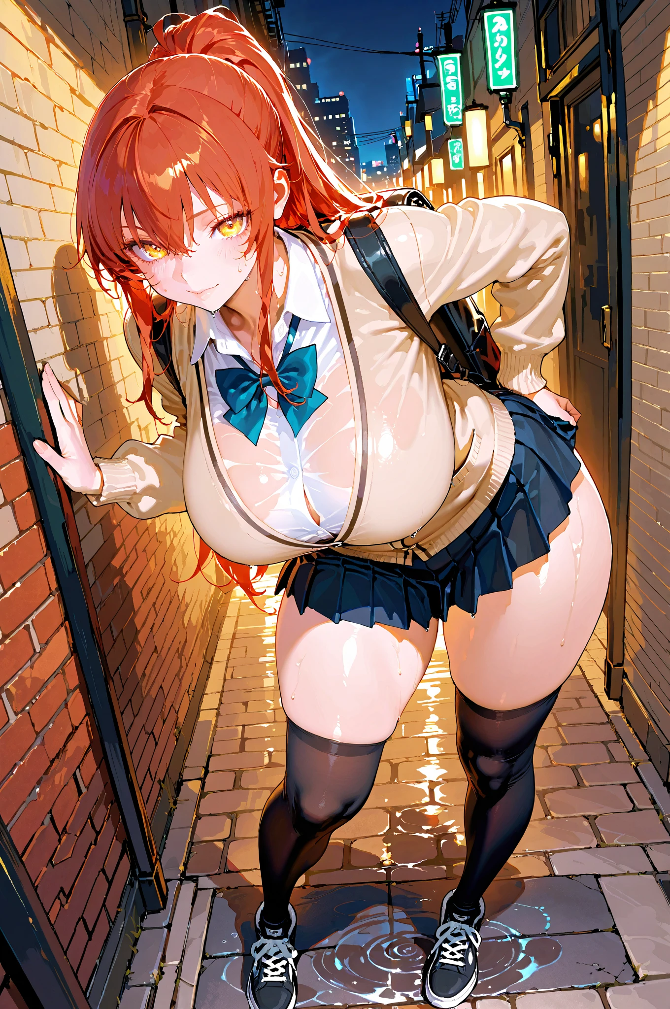 masterpiece, Highest quality,High resolution女の子1人, (One body), Very detailed, High resolution, Very detailedCG, First default, First closing, Orihime Inoue、(Straight Long Hair), (Big saggy boobs:1), office, (red面:1.4), Embarrassed face, (Schoolgirl in uniform:1.5), whiteのシャツ, (Ultra mini skirt), (red_lips), whiteいThighs, Huge breasts, (Wide pelvis), (Squat), (Very large_Lower Body:1.5), (Very thick_Thighs:1.5), (完全に露出したpanties:1.5), (panties丸見え:1.5), (white_Race_Floral_panties:1.5), (Roll up your skirt:1.5), (スカート that rolls up:1.5), (股間のアップをFrom below見上げる_perspective), (From below), (Looking at the audience), (Cowboy Shot)、Crotch bite、Very wet thighs、Very wet crotch、((Nipples are visible:1.2))、Well defined nipples、((tears:1.1)),((A lot of semen;1.2))