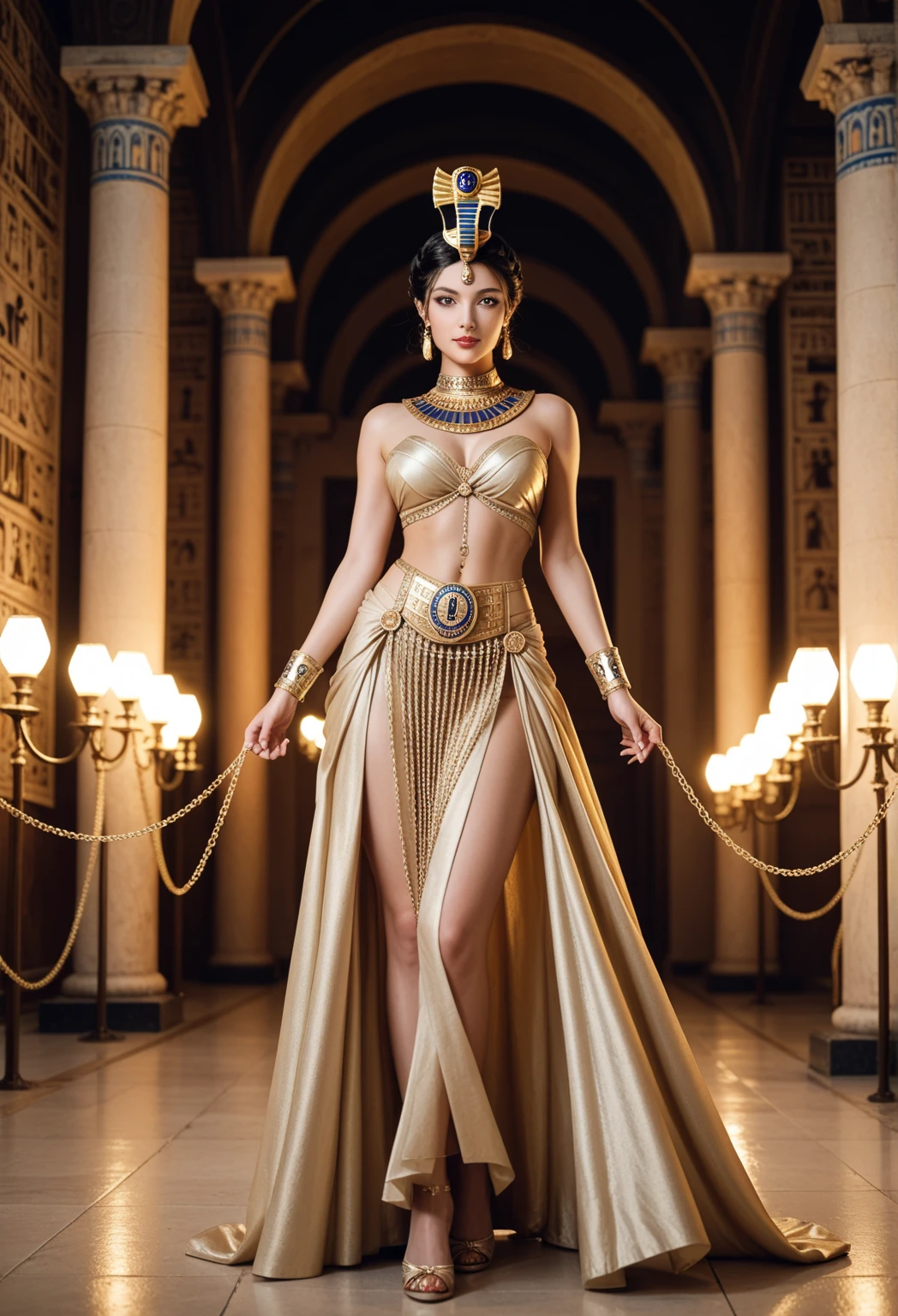 A very beautiful image of Cleopatra with her crown and royal clothing, radiating power and majesty. full body The background may show the pyramids of Giza or the Nile River, symbols of ancient egypt. with real cleopatra face