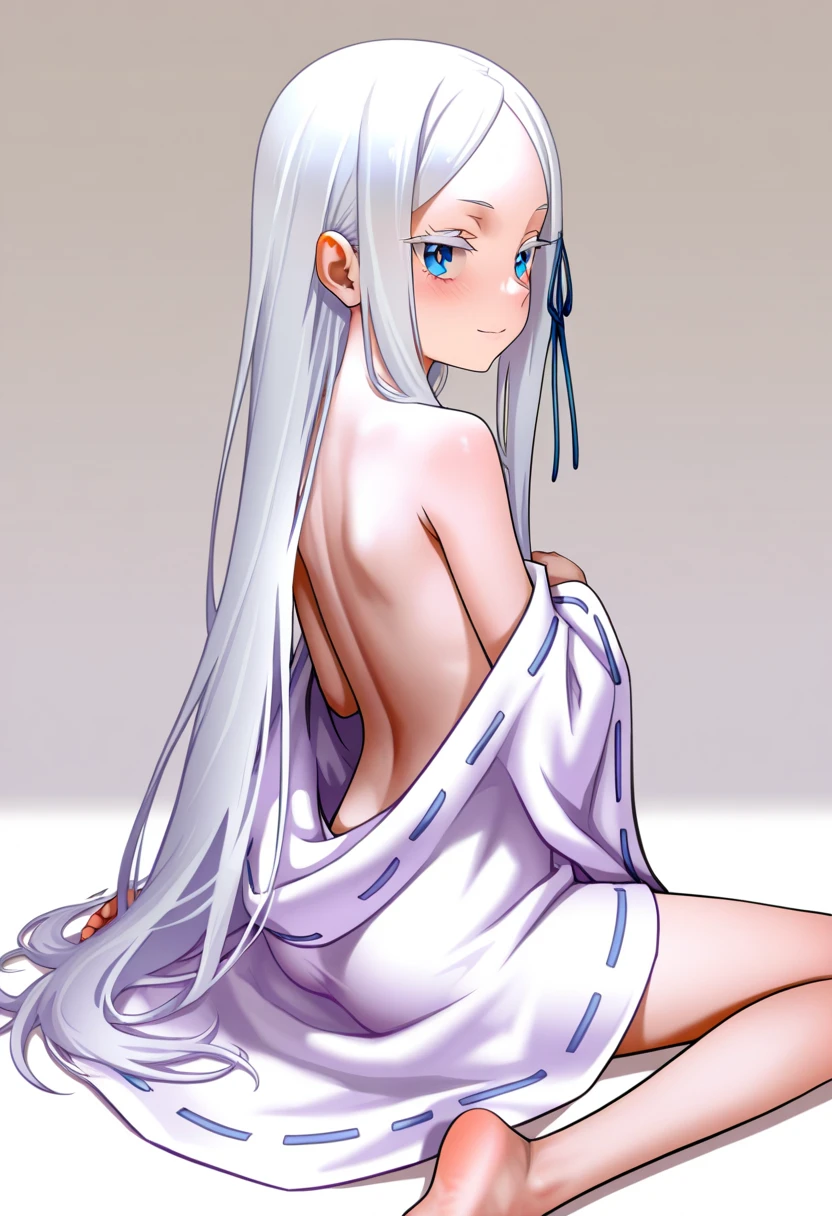 ((masterpiece, best quality, expressive eyes, perfect face, high quality face ,highres, perfect composition, beautiful detailed eyes ,detailed gradient eyes):1.4), (Ruri hoshino / nadesico),(ruri_hoshino),(1girl ,solo) ,NSFW,(light blue hair:1.4),twin_tails_hair,hair ornaments, yellow eyes ,(big eyes),(petite:1.2,cute:1.2,little girl:1.2,aged down:1.2,short stature:1.2,young:1.2,Skinny malnutrition:1.2), ,baby , ,small_body ,flat chest , , tiny hip, tiny breasts, nipples, innie pussy ,camel toe, anus, exhibitionism,daytime ,indoors ,sweat ,deep sigh , cum dripping from pussy ,pussy juice ,cum, (naked ,full nude), (from behind ,looking away ,face forward ,back of head ,facing away),