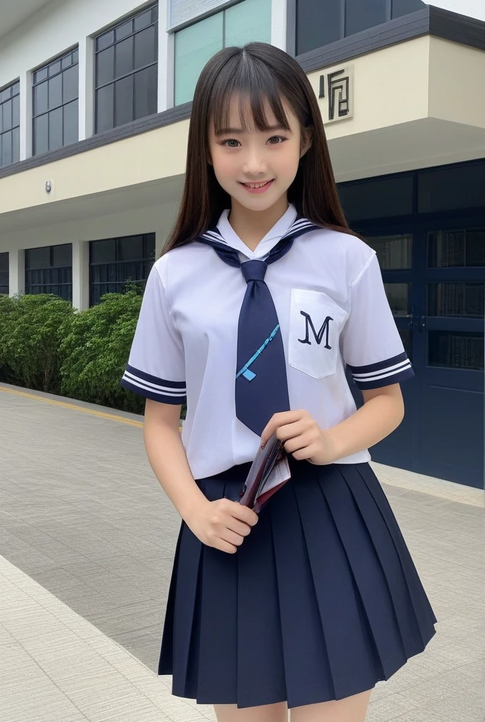 Master quality, highest quality, best picture quality, exaggerated details, a cute 8 year old asian with a shy expression, slightly squinted eyes, adjusting her hair, long eyelashes (long hair / very, very exaggerated big breasts / in uniform) outdoors, posing in front of the camera, very wet body, lace petticoat