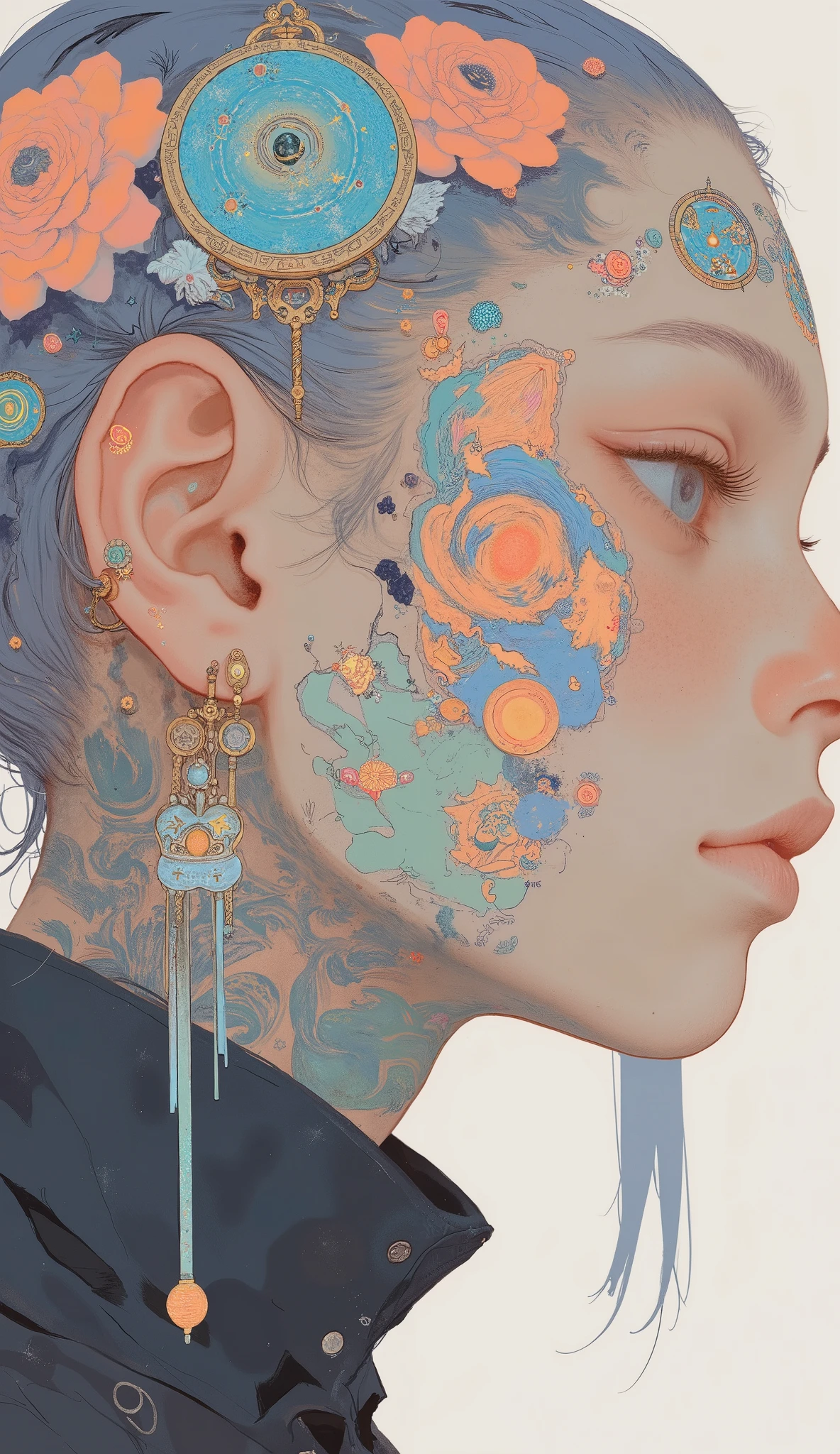鮮やかなorange色の髪をした人物の首と頭の一部には、The tattoo features intricate patterns. An intricate design that complements the tattoo motif, It includes floral motifs and geometric patterns in colors such as blue, Teal, orange. The patterns are intricately detailed, A mystical representation of a universe with superimposed , A kaleidoscope effect on the skin. The figure's ears are visible, Large, Ornate earrings that complement the intricate style of the tattoo. 髪はorange色で、It is styled in a flowing manner along the head and neck, Adds dynamic movement. Overall Composition 、Combines elements of modern tattoo art with an intricate and colorful palette, Creates a striking visual impact. The outfit includes a high-collared garment, Dark colors, A unique embroidered pattern reflects the curves and lines of the tattoo.