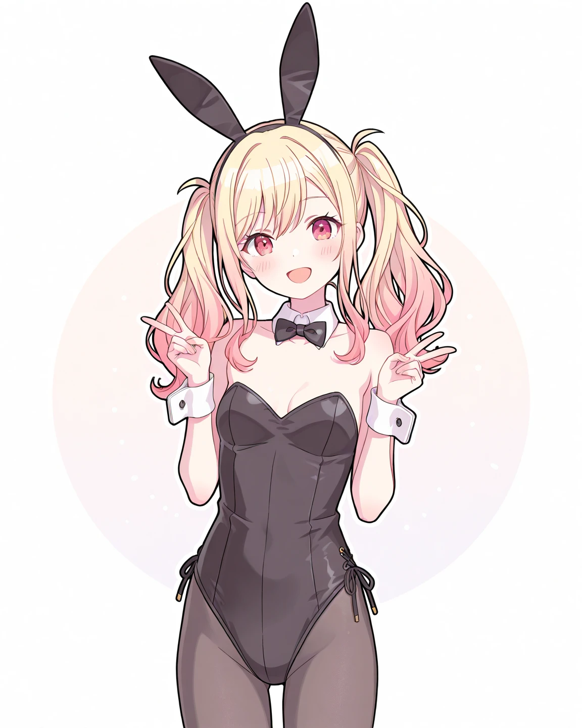 from above:1.3,solo,short pixie cut,blonde outside flipped hair,blunt bangs,arua blue eyes,black white bunny girl wear,pink rabbit ear,smile,crossed arms,pride,