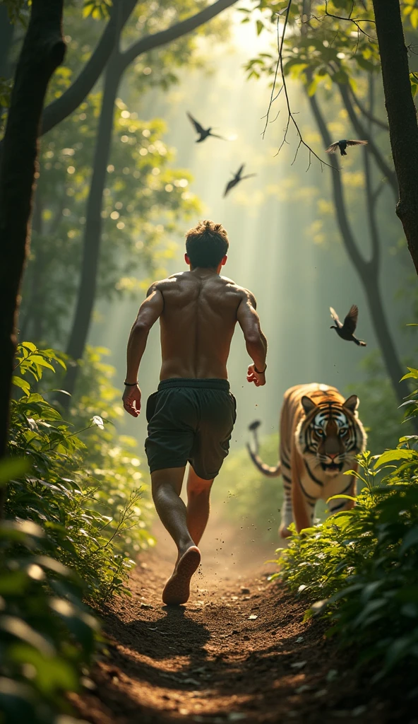 ( photorealism 1.2) photo realistic high detailed aborigines male jumping in the dark forest Malaysia jungle  dramatic view cinematic view dusk fogs background chasing by tiger running side view