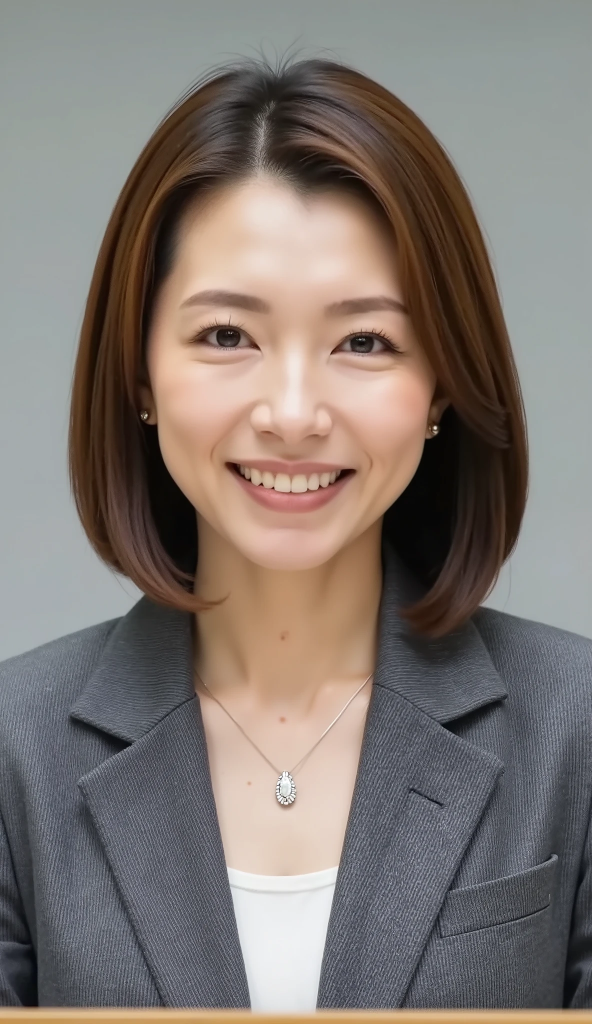 nsfw、From front、Japanese in a グレーcollarless suit、カメラ目線、25-year-old female minister、A-line bob(angled bob・inverted bob)耳にピアス、ネックレス、、during regular press conference、(bust up shot:1.5)、、歯を見せた笑顔
