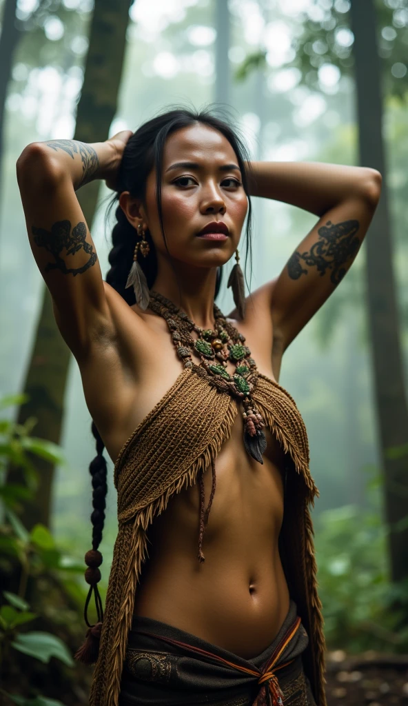 A striking, photo-realistic image (1:1) of a 20-year-old Korean primitive cannibal tribe queen. Her lithe, muscular body is fully exposed, glistening with a sheen of sweat that accentuates her powerful physique. Long, flowing white hair cascades down her back, contrasting sharply with the rich, earthy tones of her skin. Her eyes, a piercing shade of emerald, hold a fierce intelligence and a hint of wild savagery. Adorned with intricate tribal tattoos and body paint, she stands tall and proud, her broad chest adorned with a necklace of what appears to be human teeth and bones. Her hands are calloused, a testament to her role as both a leader and a warrior in her tribe. The background is a dense, tropical jungle, with vines and foliage creating a natural frame around her form. The queen's expression is one of both challenge and allure, as if daring the viewer to approach while simultaneously tempting them with the secrets of her primal world. Her stance is strong and commanding, one foot placed firmly on the skull of a conquered foe, symbolizing her dominance and the tribe's survival instincts. The lighting is dramatic, casting deep shadows across her muscular form, while the sun breaks through the canopy above, highlighting her in a soft, ethereal glow. Her skin is a canvas of artistry, not just from the paint but also from the detailed depiction of every muscle, vein, and bead of sweat, showcasing a raw beauty that is both unsettling and captivating. This image is a mesmerizing blend of the macabre and the erotic, inviting the viewer into a world where the line between predator and prey is blurred, and the very essence of human nature is laid bare.