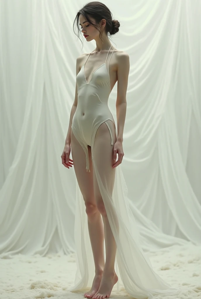 a woman, very thin body, body visible bones,sweaty wet body, very slender, pale white skin, panties, bra,tatto, full body, has a mental breakdown in an underground prison.
