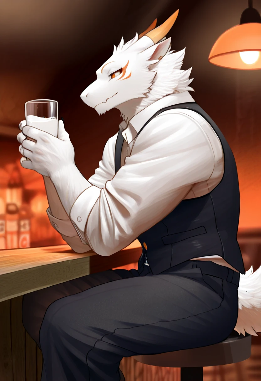 Male, arctic wolf, detailed yellow eyes, long tail, bartender, plain  with four tapes, slim, sly, simple background, glasses