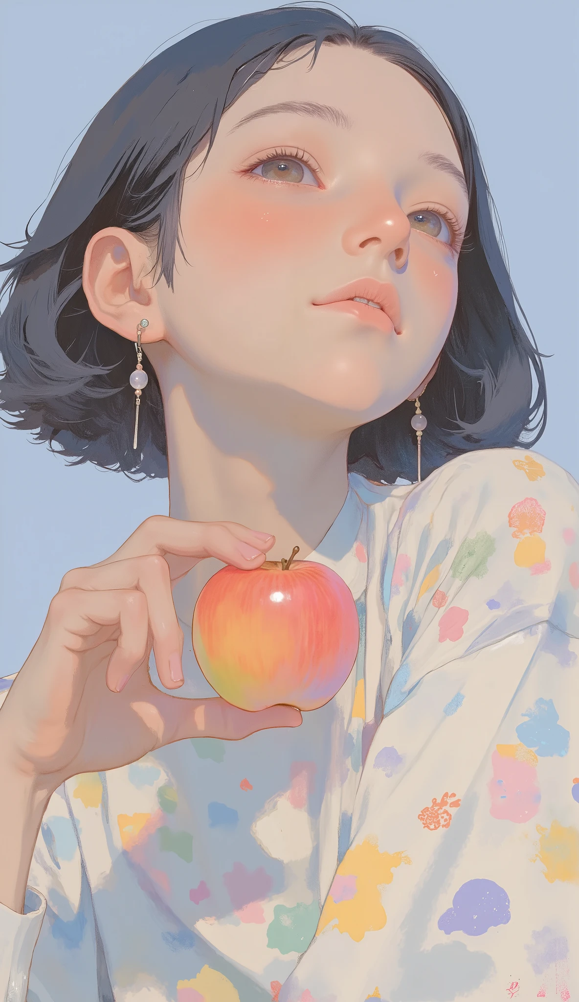 Picture of a woman holding an apple in her hand, by Chiho Aoshima, inspired by Shinsui Ito, There is a picture of a boy reading a book in a, by Miwa Komatsu, shinsui ito, by Kanzan Shimomura, by Ikuo Hirayama, by Yamaguchi Kayo, Itagaki Yoshio, by Shinoda Toko