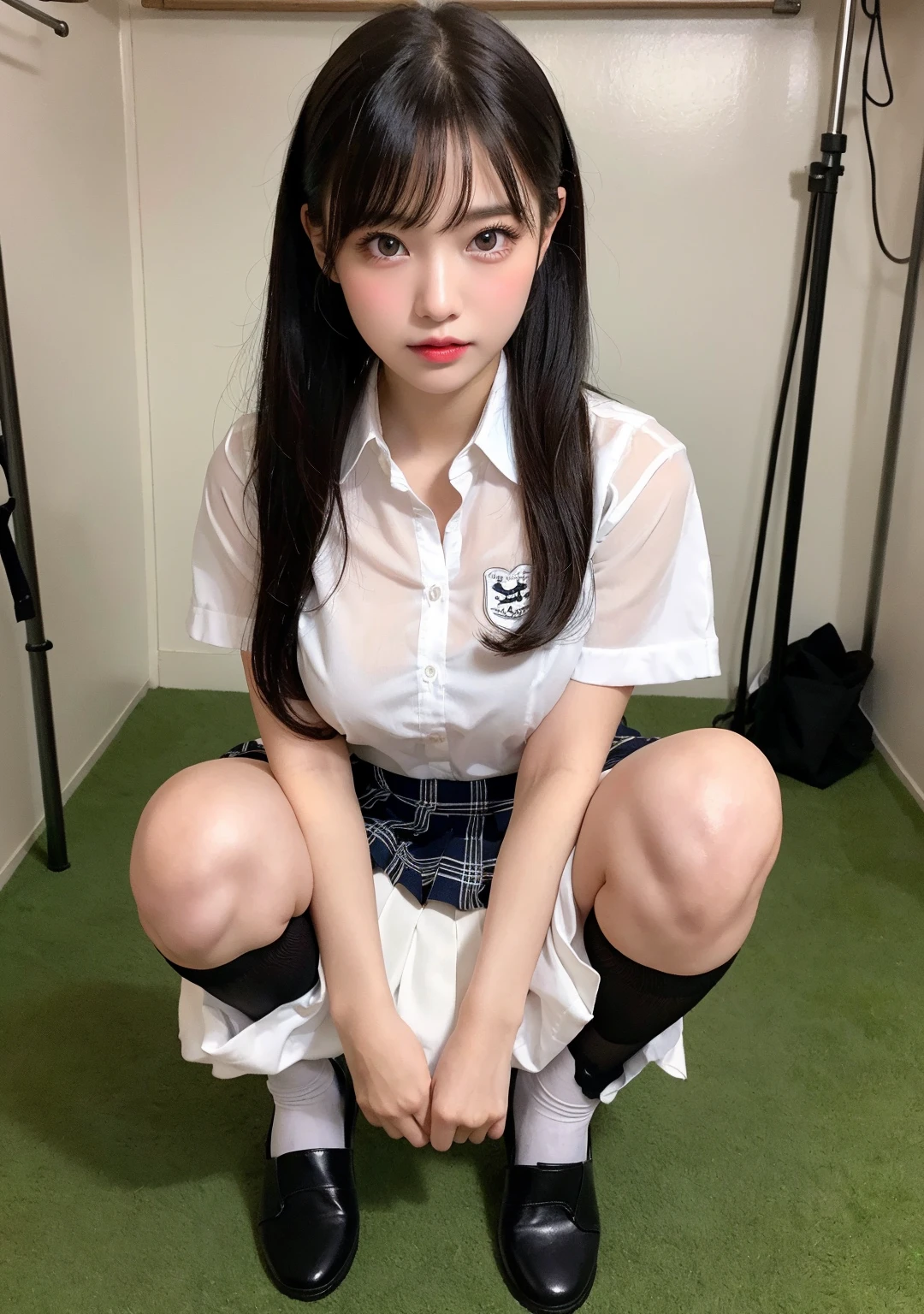 There was a girl sitting on the bed taking a picture of herself, cute female student, wearing a Japanese school uniform, japanese girl school uniform, Surrealism female students, Japanese school uniform, Surrealism female students, of a schoolgirl posing, in school uniform, Realistic schoolgirl, in school uniform, dressed as schoolgirl, wearing skirt and high socks,4K Ultra Clear