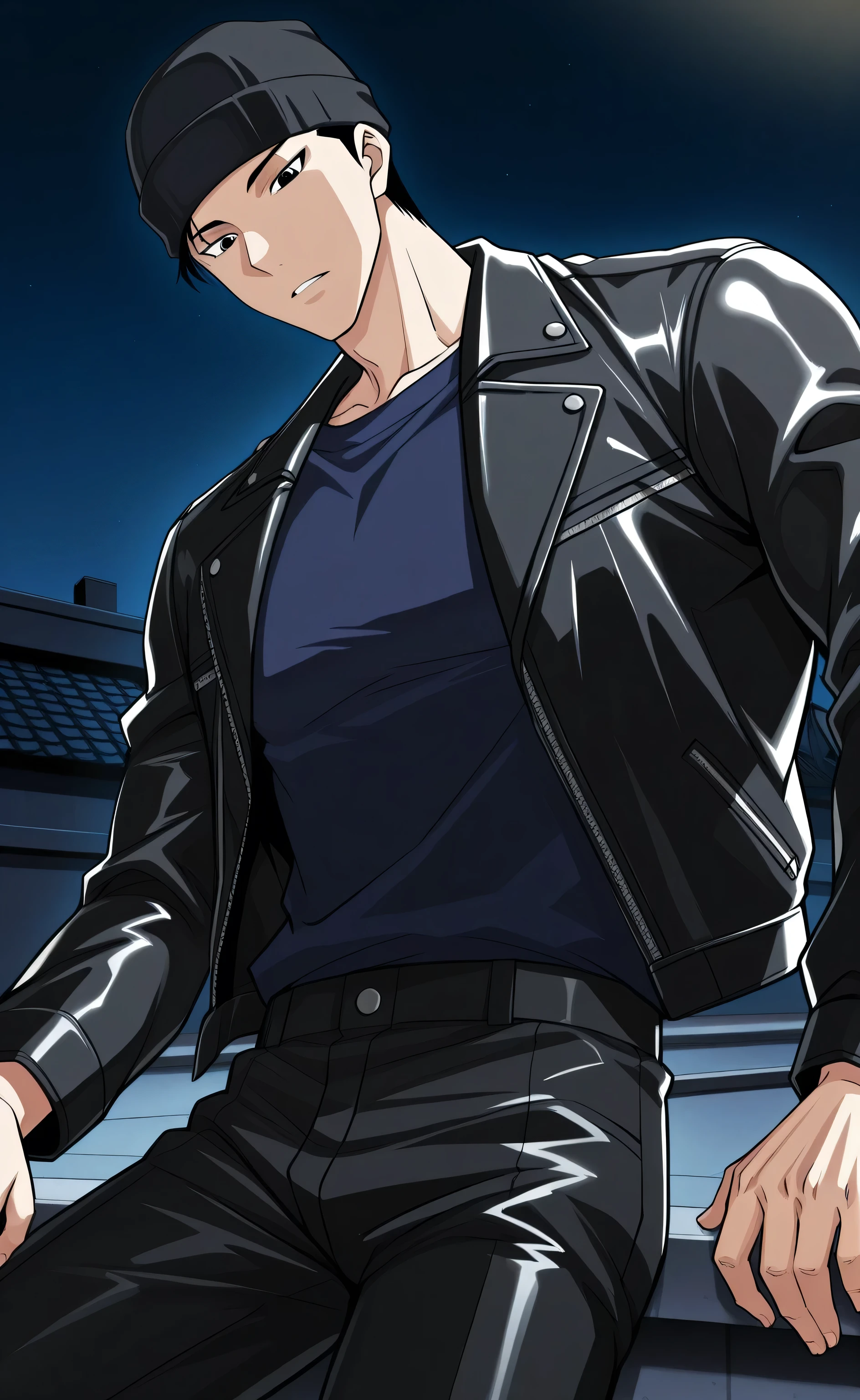 1male,solo,Akai Shuichi,black hair,short hair,black eyes,black beanie,leather jacket,navy blue shirt,black pants,muscle,rooftop,night,Lookism
