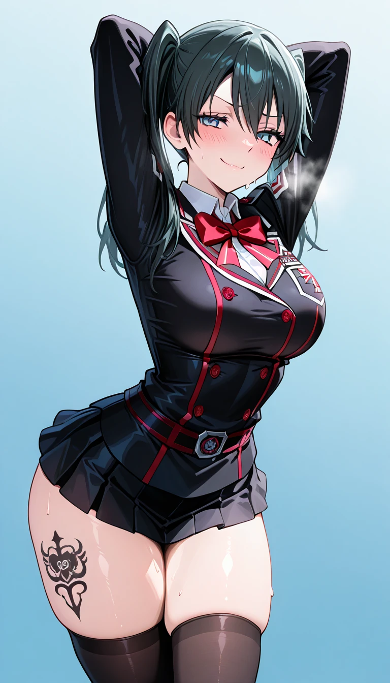 expressionless, blank eyes, looking at viewer, emotionless,corruption, mind control, female combatant, hypnotized, unhappy trance, obey, perfect female body, hypnosis, hypnoLora, empty eyes, Mind control device, Slave, hat, dark persona, (((pixel-perfect, detail-perfect))), solo, 1girl, hair ornament, KomichiAkemiR4, black hair, blue eyes, long hair