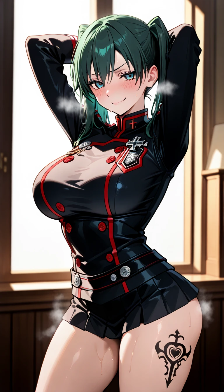 Imagine a gender-swapped Izuku Midoriya (Deku) from *My Hero Academia* reimagined as Harley Quinn. Her signature green hair is styled in playful pigtails, each dyed in alternating red and black to match Harley Quinn's iconic color scheme. Her bright green eyes are mischievous and lively, capturing Harley Quinn's chaotic and energetic spirit.
She is dressed in a Harley Quinn-inspired outfit:
- **Top:** A red and black, diamond-patterned cropped top or bodysuit. The top is form-fitting, reflecting Harley Quinn’s classic jester look, with contrasting colors and possibly a playful emblem or detail like white ruffles or frills.
- **Bottoms:** Matching high-waisted shorts or a mini skirt in red and black, designed to be bold and eye-catching. The outfit might include playful elements like suspenders or a belt with oversized buckles.
- **Footwear:** Eye-catching knee-high boots or high-top sneakers with red and black accents. The footwear features details like studs or laces to enhance the edgy vibe of the outfit.
- **Accessories:** She wears mismatched, oversized gloves—one red and one black—adorned with playful details. A small, dramatic accessory like a jester’s hat or a choker adds to the Harley Quinn theme. She might also hold a prop such as a bat or a quirky handbag.
Sanji’s pose is energetic and playful, perhaps captured mid-twirl or with a cheeky stance, showcasing her vibrant outfit and dynamic presence. Her expression is bright and mischievous, with a wide smile that mirrors Harley Quinn’s unpredictable and charismatic nature.
The background could be a lively and chaotic setting, such as a carnival or urban alleyway, enhancing the playful and rebellious atmosphere. The image should highlight her transformation into Harley Quinn with detailed attention to her costume and accessories, ensuring a vibrant and captivating representation of female Deku as Harley Quinn.