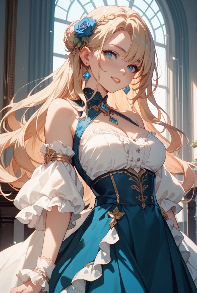 4K,High resolution,One Woman,Blonde,long hair,Light blue eyes,Big Breasts,princess,Blue Dress,White gloves,princessのティアラ,Jewelry decoration,Medieval castle