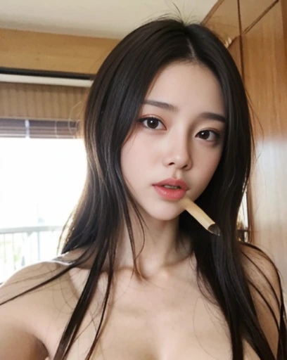 Close-up of a woman with long hair and a cigarette, Ela tem cabelo preto With bangs, Ulzzang, With bangs completa, Larisa Manovar, With bangs, Korean, cabelo arrumado With bangs, Young and pretty Asian face, cabelo comprido With bangs completa, cabelos longos With bangs, Young and adorable Korean face, Pale, round face, young asian girl, complete naked, complete closed mouth, 
