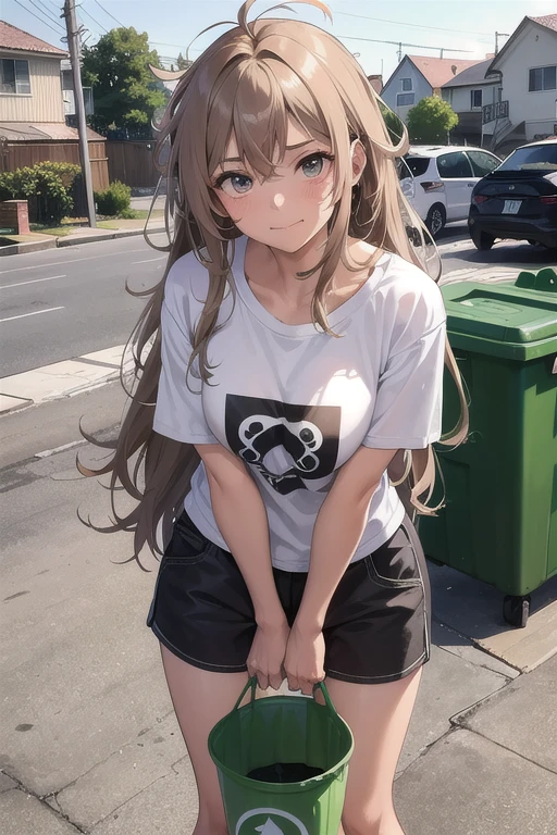 small breast, tall, 肩が見える服, breast feed, touch breast, brown long hair, Laughing, short pants, 黒いシャツ, 