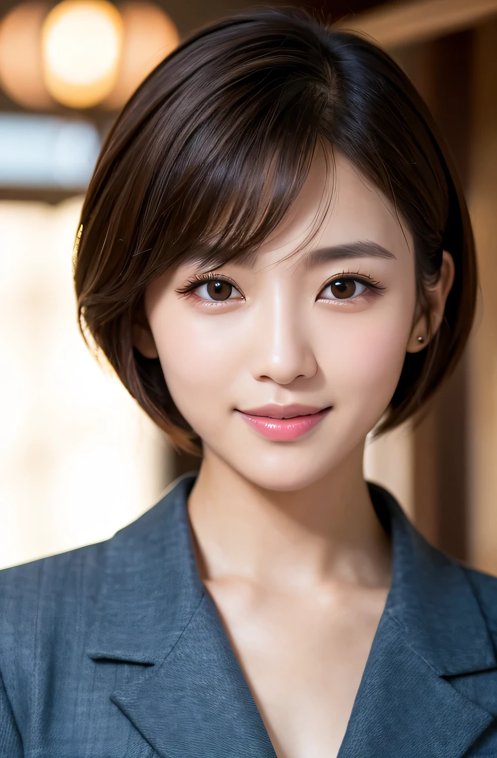 最high quality, 8k, masterpiece, Realistic, high quality, Beautiful and exquisite face and eyes, OL, a stylish suit, Half Body Shot, Professional Lighting, Vibrant colors, Confident expression, Facing forward, (Looking into the camera), short hair, Modern office environment, Warm tones, Sharp details, Glossy finish, Cleavage