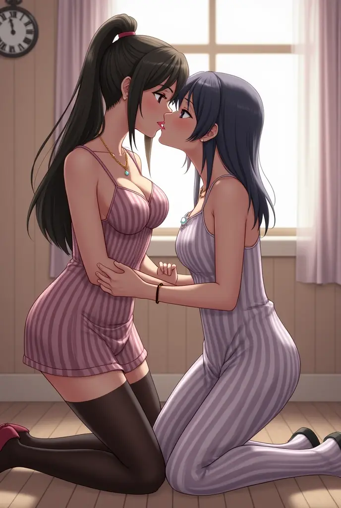 absurdres, highres, ultra detailed, (2girls:1.2), {Sarada, shorter in height, Balck hair, short hair. In her adorable underwear}(single sidelock:1.2), [Hinata, taller in height, long hair, blueish hair. nervous, Underwear, bra and panties laces,] {Lauren phillips lifting alice Merchesi \(meme\),} looking at another, blush, yuri, eye contact, huge height difference, smile, ass, kabedon, standing, pinned against the wall. Yuri kissing, french kiss, tongue kiss. full body, Locker room background, bust shot, Curvy Butt. Wearing Lingerie