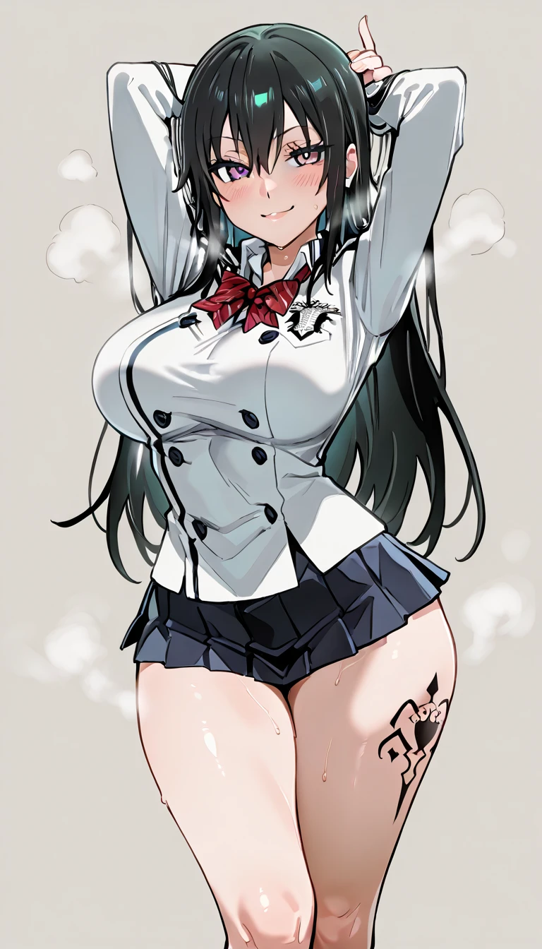 a black ink drawing in outline and colors, character: Hayase Nagatoro in a uniform consisting of an unbuttoned blouse with a wide neckline showing a bra and thong under a cowboy mini skirt, She is a girl with a large but firm and rounded bust with covered nipples, She likes sexy poses, Open legs and rounded and firm butt like her heroine Sailor Moon, Leaning forward, slightly lifting her miniskirt, you can see her buttocks.,1 girl view. (The work signed by "MemMt" In the lower right corner), white background, rear side lighting, full body shot, Sexy angle,