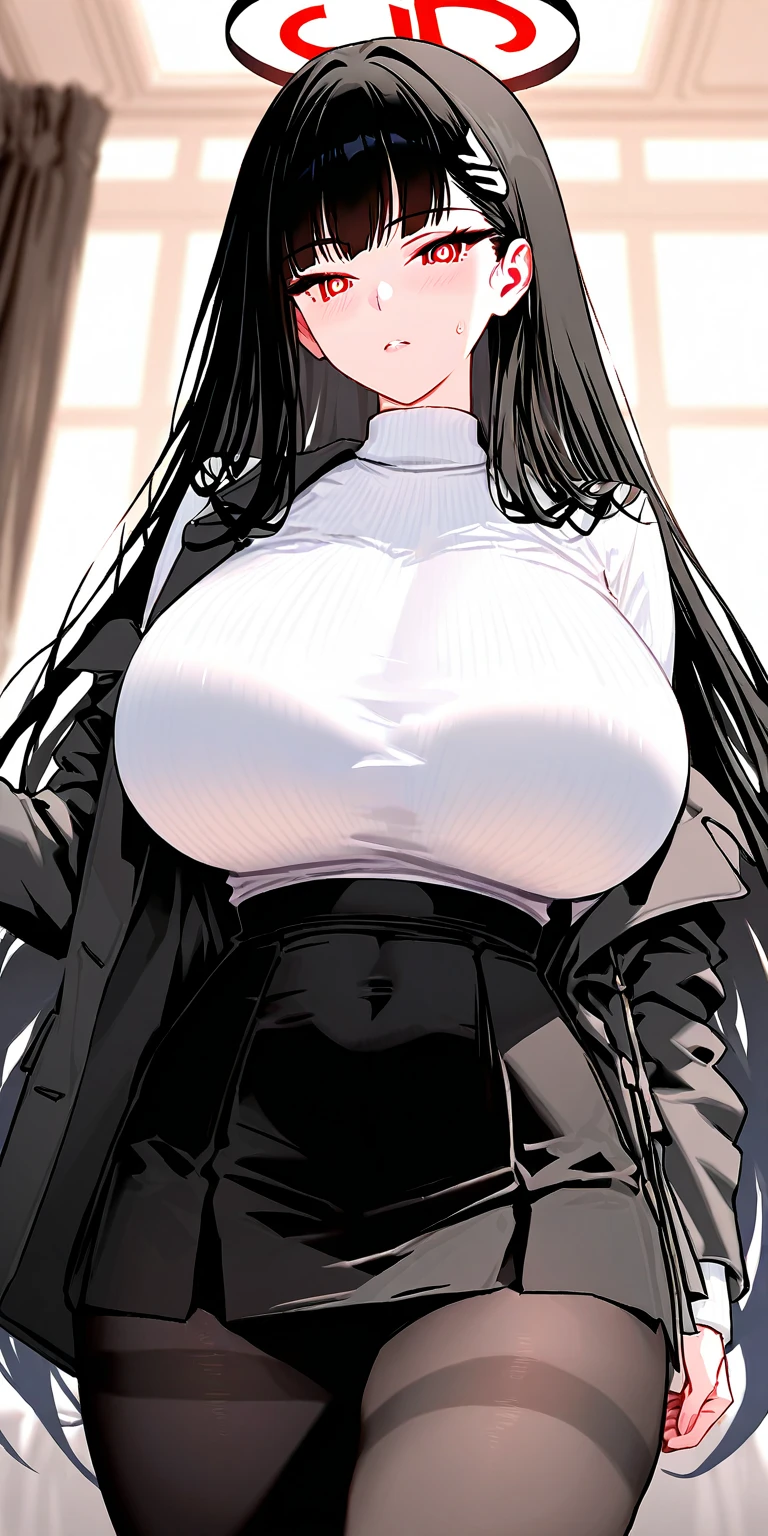 1 mature girl, beautiful face, blue eyes, red cheeks, long straight hair, black hair, long bangs, seky body, colossal tits, overmany, big and droopy, big titietra, wide hips, uniform, mini skirt, tight shirt