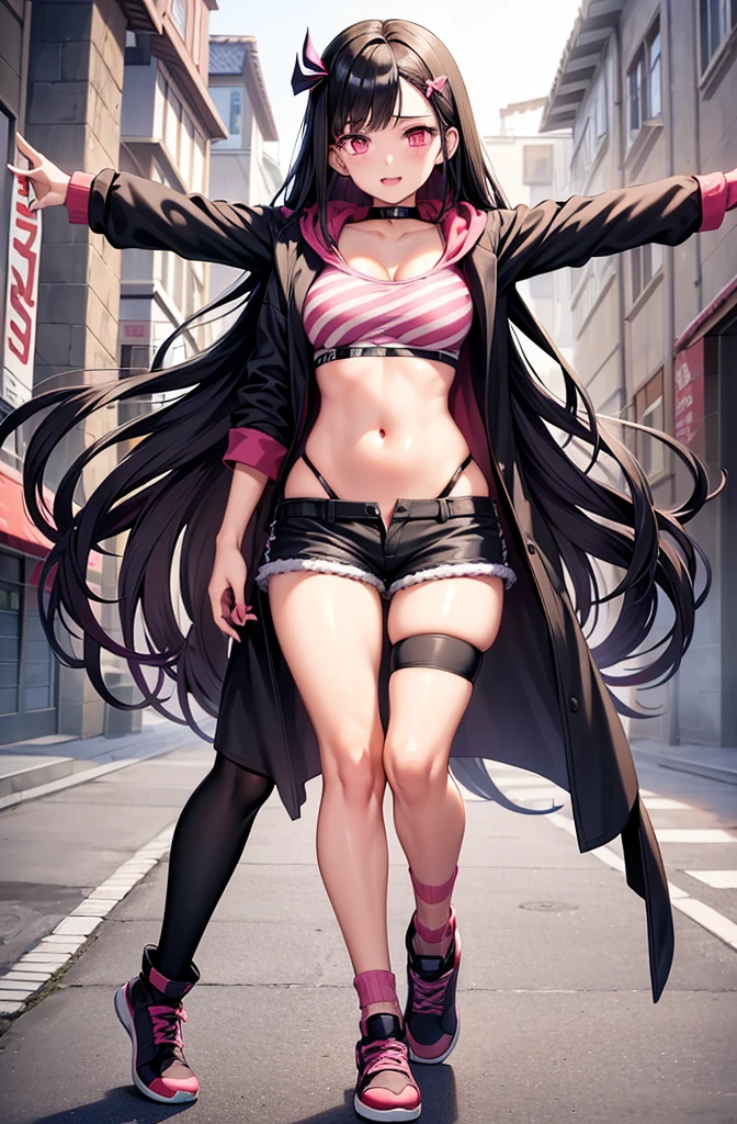 (masterpiece, best quality), intricate details, 8k, artstation, wallpaper, official art, splash art, sharp focus,, 1girl, long hair, twin tails, red eyes, brown hair, bikini,  spider web printing, spider web,  , skyscrapers, city, buildings, cars, street, full body