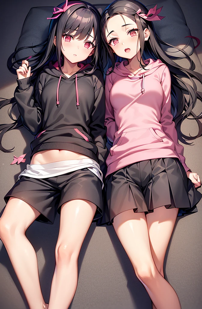 Masterpiece, best quality, black haired Girl in pink hoodie, pink rubber pants, on knees, rear view, seductive girl, biting lip, blushing, winking, looking at viewer