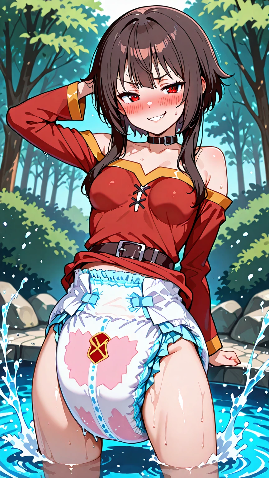 1girl, nsfw, Deuce, green eyes, long hair, Medium hair,  brown hair,　cape, red scarf,  large breasts, nipple, , Peeing, lactation, projectile lactation,  frozen, wet, crying ,, Naked, , (1girl) ,solo, wilderness