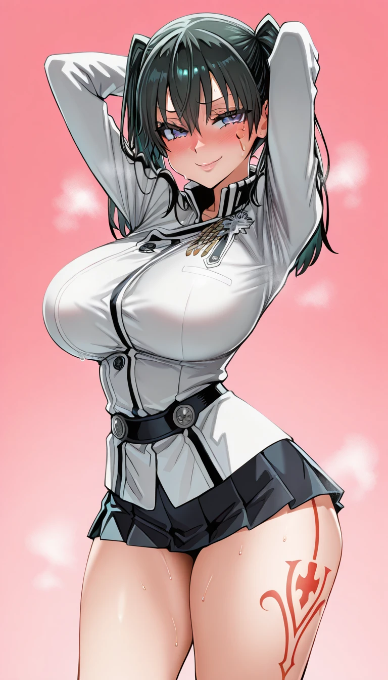 ultra realistic 8k cg, masterpiece, ((ultra detailed background, intricate detail, highly detailed, fine details best quality, hyperdetailed face)), gigantic breasts ,beautiful lighting, absurdres, BoaHancockV2, 1girl, solo, black hair, long hair, jewelry, closed mouth, ), ((black crop top : 1.1), (underboob : 1.4), elbow gloves, thigh boots, split skirt, bare shoulders, curvy, midriff, curvy, thighs, shiny clothes), blue eyes, complex detailed background, inside, luxury palace), ((cowboy shot)), curvy, (gigantic breasts: 1.1), seductive smile, cowboy shot, , (tan skin :1.1) (tan face:1.1)