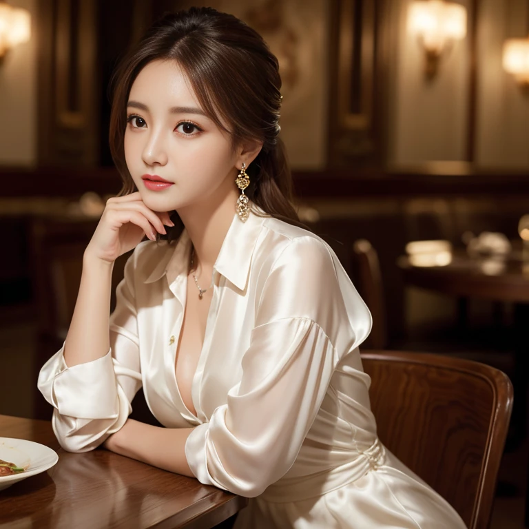 masterpiece, Highest quality, Realistic, Very detailed, Finer details, High resolution, 8k wallpaper, One beautiful woman, Wear an elegant white silk shirt, In a great restaurant, At night, Light brown messy hair, Perfect dynamic composition, Beautiful and beautiful eyes、Big earrings、Sit on a chair、