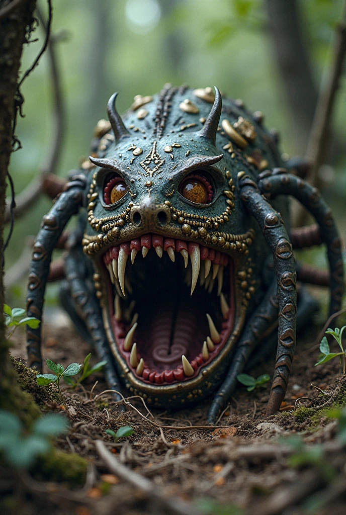 It is a creature that is a grotesque amalgamation of human, slug and dragon. Its form is a twisted mockery of species, with human-like skin stretched taut over a dragon-like skeletal frame. Massive tears and rents mar its visage, exposing raw tissue, sinew, and bone beneath, as if the skin were forcibly pulled over the dragon's frame until it could stretch no more, but was still stretched even further. The creature's body is covered with a slimy, gelatinous texture. It's grotesque snout is lined with jagged stitches, fitted only with dagger-like fangs that are a sickly color. Massive, oozing flaps mar its visage, secreting a thick, viscous mucus coating its jagged fangs. Its snout is elongated and slimy, with layers of wrinkled flesh resembling the folds of a slug's mantle. Its eyes are nestled within deep sockets, each iris is a sickly mix of murky brown and fiery orange, punctuated by prominent slit pupils that seem to pulse. It's wing's are made of membranes of skin stretched to their limit, with edges fringed by bloody bones protruding from the torn skin. Veins course like rivers beneath the translucent skin, pulsating with an eerie vitality. Its hind legs, broken and healed in a cruel mockery of nature, are digitigrade in form, with claws piercing through stretched skin, a cruel reminder of the agony it endures. The elongated neck is adorned with frills resembling gashes from a savage blade, the skin stretched painfully tight over each sinew and tendon. Horns jut from its skull, torn from the very flesh that struggles to contain them, their surface resembling bone marrow exposed to the elements. From the lower back of the creature, extends a tail that resembles the elongated body of a giant slug. The tail undulates with a sickening rhythm, its slimy surface glistening with a viscous mucus that drips in slimy rivulets, leaving a trail of glistening slime in its wake. Amidst the jagged stitches and oozing flaps, there are subtle hints of feminine curvature, sugge