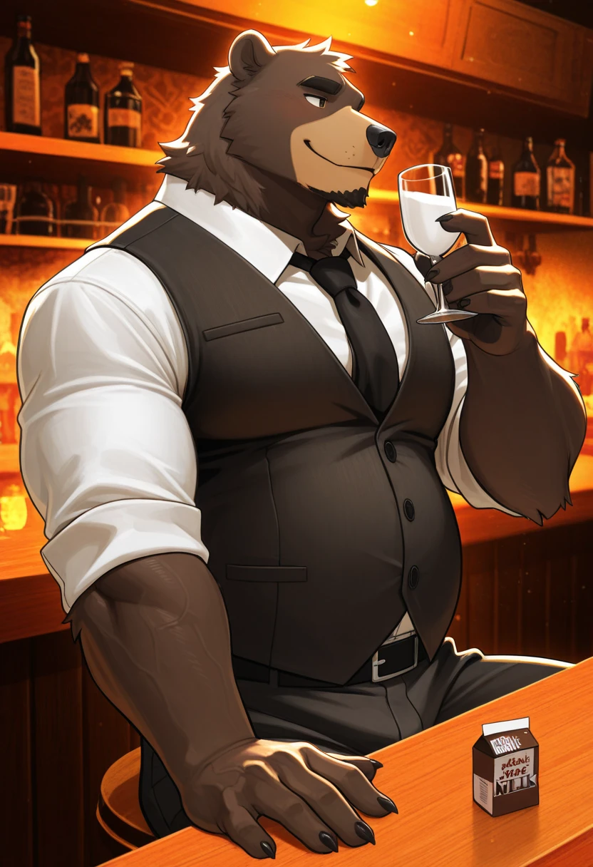 hairy，（Bear）（Black suit：1.3）beard，Golden fur，male，Common，（Drink tea from a cup），极其lifelike阴影，masterpiece，Very detailed，lifelike。
